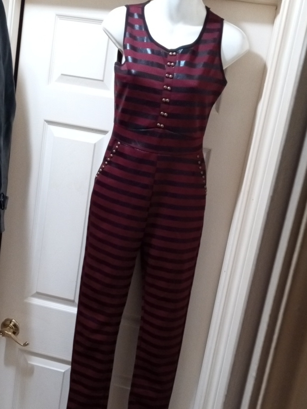 $8>>Striped Burgundy & Black Sleeveless Jumpsuit